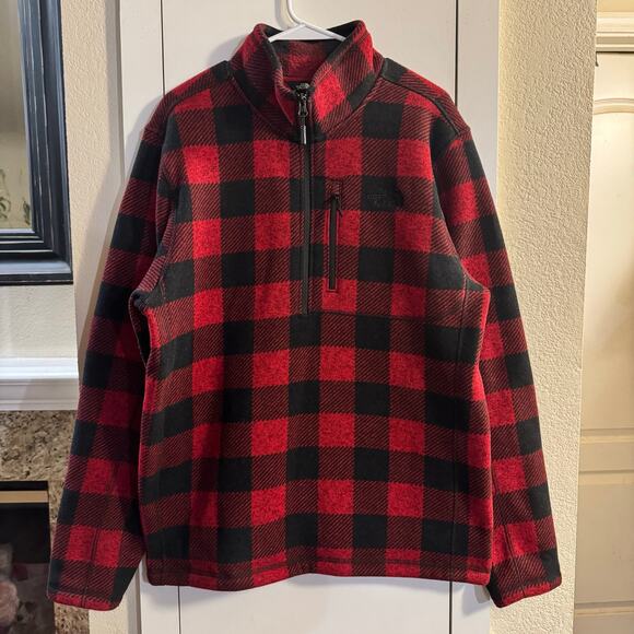 The North Face Buffalo Plaid 1/4 Zip Fleece Pullover Red Black Size Large - Picture 2 of 6